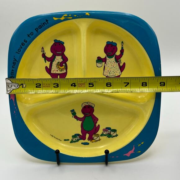 VTG 90s Barney Purple Dinosaur Loves to Paint 9" Divided Kids Plate Melamine - Picture 7 of 8